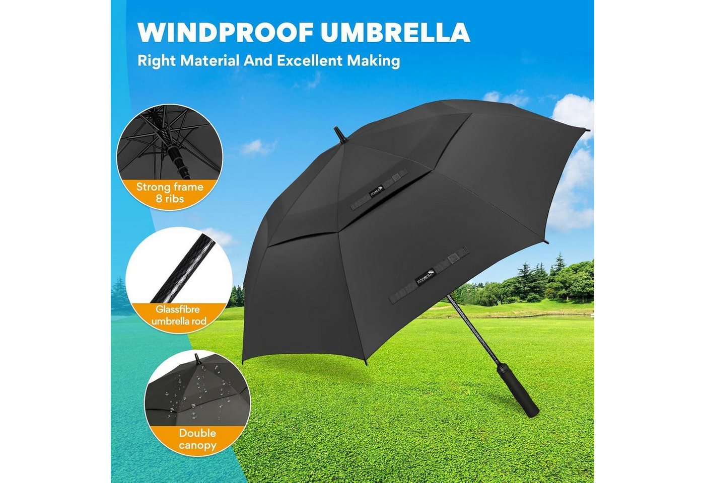 LuxusKollektion Golfregenschirm Regenschirm Groß Sturmfest XL XXL Golf Stabil Schwarz 182CM XXXL Bild 3