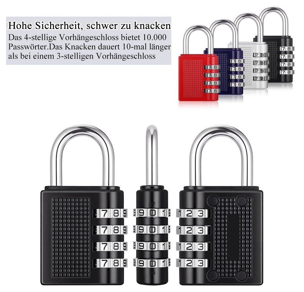 AFKSMILE Zahlenbügelschloss 4 Stück Vorhängeschloss Zahlenschloss,4 Stellig Schloss mit Zahlencode, Vorhängeschloss Zahlen Zinklegierung, Vorhängeschlösser Wetterfest Bild 3
