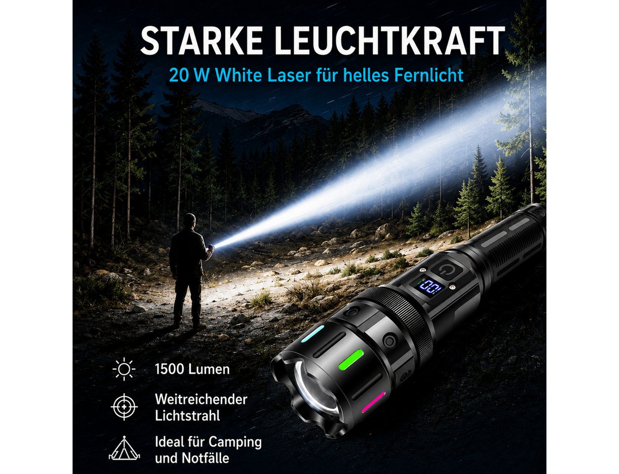 Fyrove LED Taschenlampe aufladbar 1500 Lumen, 5000 mAh, USB-C, zoombar, IPX7 (LED-Taschenlampe mit USB-C-Ladekabel und 5000-mAh-Akku), 5 Lichtmodi, Powerbank-Funktion, wasserdicht für Camping & Notfälle Bild 2