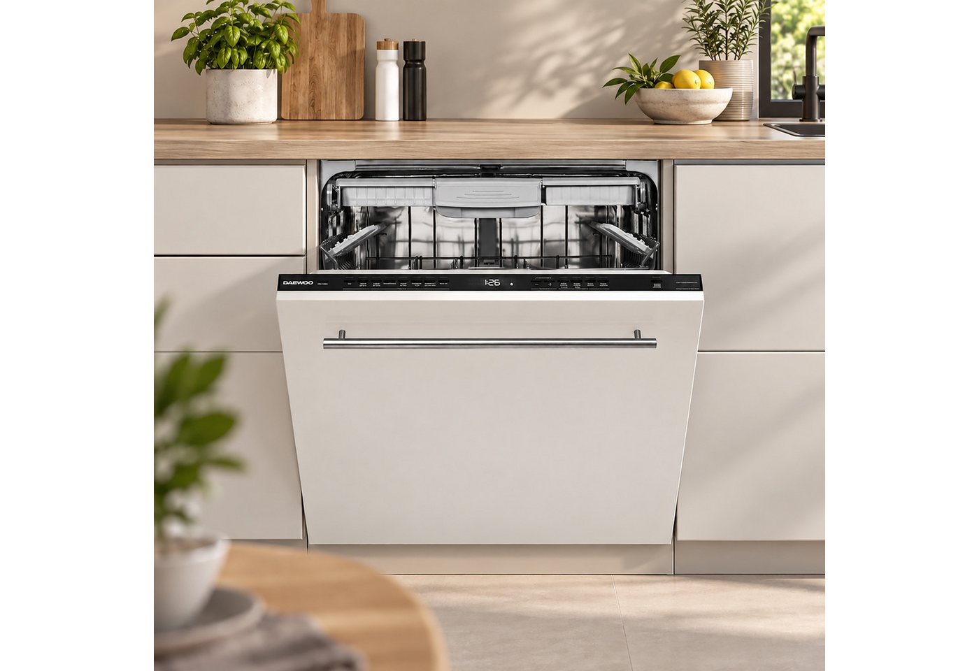 Daewoo vollintegrierbarer Geschirrspüler DBFS33N49E61-DE, 9 l, 16 Maßgedecke, Einbau Spülmaschine vollintegriert 60 cm, 9 Programme, AquaStop, 49 dB