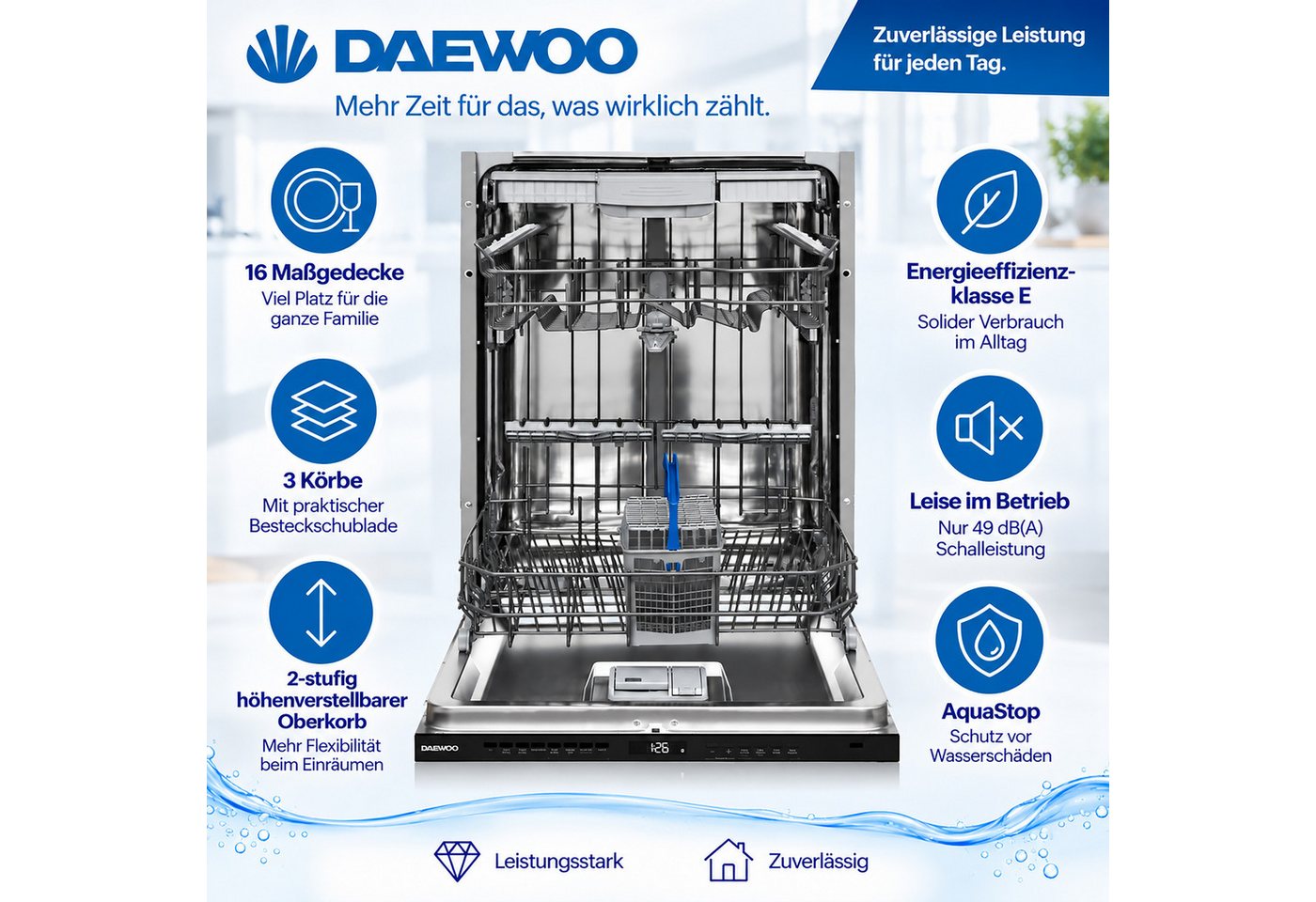 Daewoo vollintegrierbarer Geschirrspüler DBFS33N49E61-DE, 9 l, 16 Maßgedecke, Einbau Spülmaschine vollintegriert 60 cm, 9 Programme, AquaStop, 49 dB Bild 2