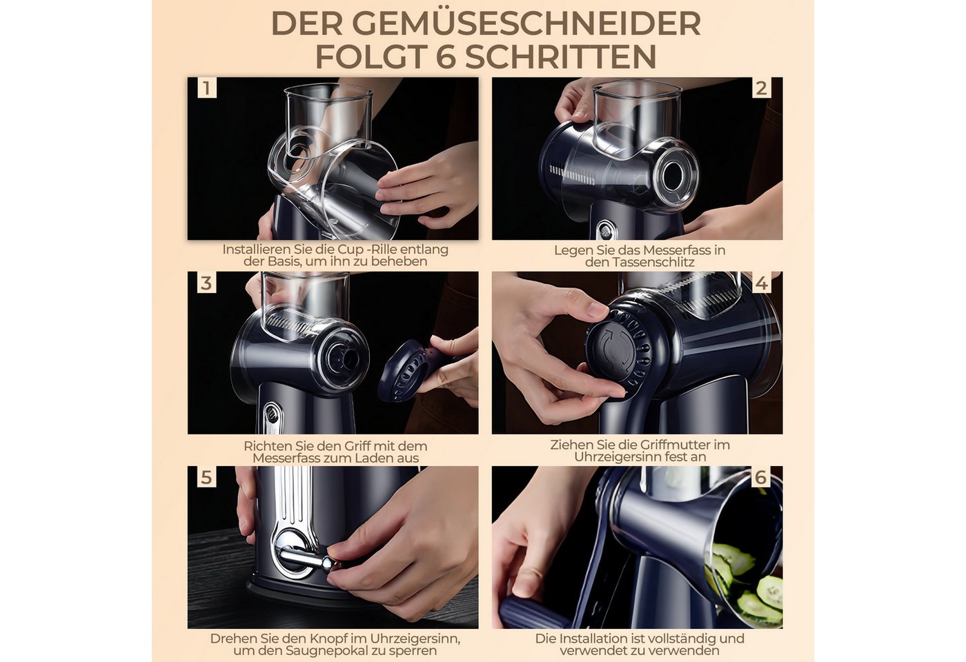 Rhein Beleuchtung Gemüseschneider Käsereibe mit Handkurbel, gemüseschneider, gemüsehobel & - schneider, 0 W, 5 austauschbare Edelstahlklingen, rutschfester Standfuß, sicher Bild 4