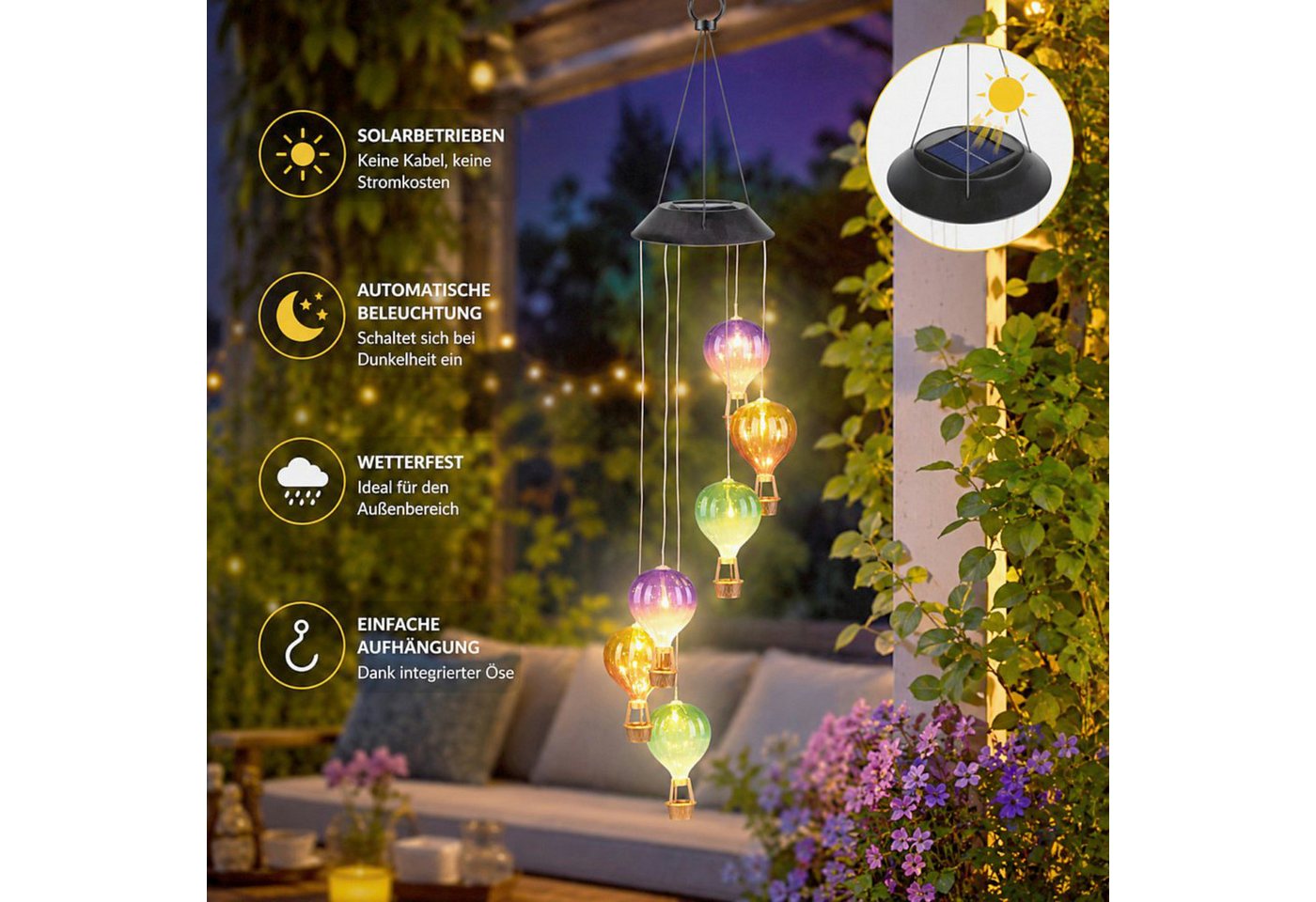Haushalt International Windspiel LED-Windlicht Solarlicht Lampe Heißluftballon (Stück, 1 St., Packung), 6x Warmweiß LED, Kunststoff, Bunt, Solarpanel Bild 3