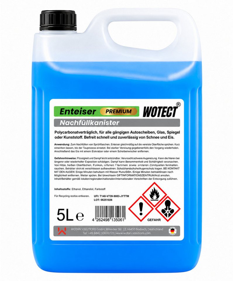 Wotect Enteiser-Spray 5 L Scheibenenteiser Enteiserspray Auto Scheiben Enteiser Frostschutz, bis -40 °C, 5 l, Vorratspack, Nachfüllkanister, gebrauchsfertig