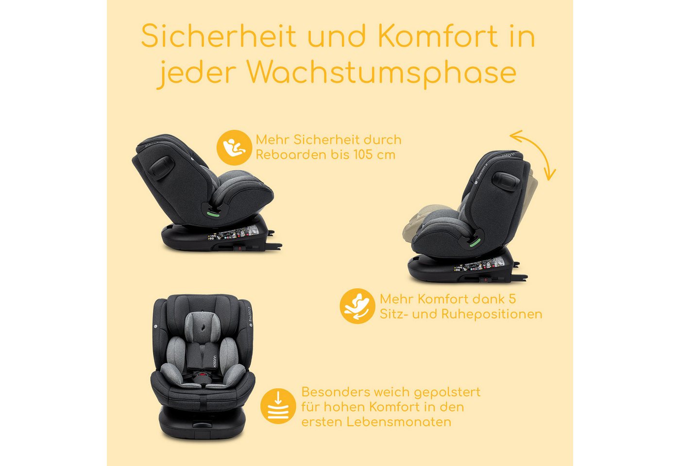 Osann Autokindersitz Eno360 2, Reboarder 360 Grad drehbar, Kindersitz ab 1 Jahr mit Isofix, ab: Geburt, bis: 12 Jahre, ab: 40 cm, bis: 150 cm, erleichtertes Anschnallen mit Magneten, extra Seitenaufprallschutz