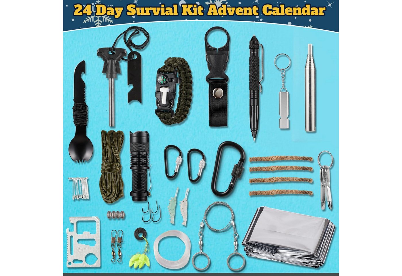 AURIVION Taschenmesser Survival Adventskalender 2024 mit 24 Outdoor Gadgets, (Set, 1 St., Weihnachts Countdown Kalender für Camping, Angeln & Jagd), Survival Adventskalender 24 Tage mit Outdoor Gadgets