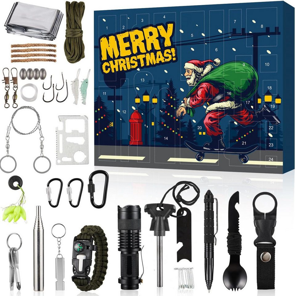 AURIVION Taschenmesser Survival Adventskalender 2024 mit 24 Outdoor Gadgets, (Set, 1 St., Weihnachts Countdown Kalender für Camping, Angeln & Jagd), Survival Adventskalender 24 Tage mit Outdoor Gadgets Bild 3