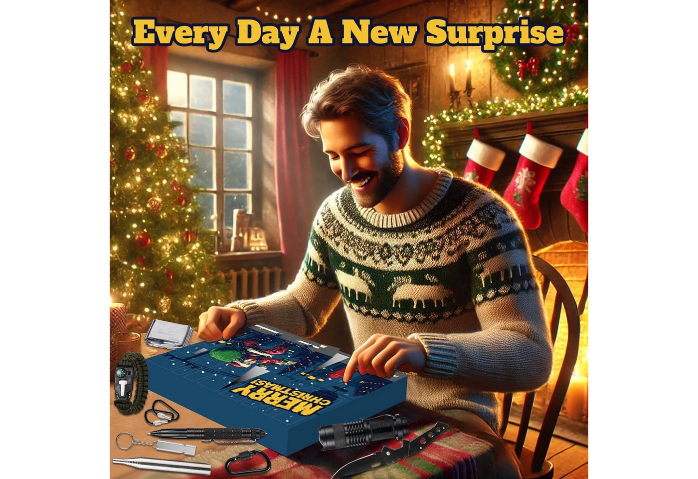 AURIVION Taschenmesser Survival Adventskalender 2024 mit 24 Outdoor Gadgets, (Set, 1 St., Weihnachts Countdown Kalender für Camping, Angeln & Jagd), Survival Adventskalender 24 Tage mit Outdoor Gadgets Bild 4