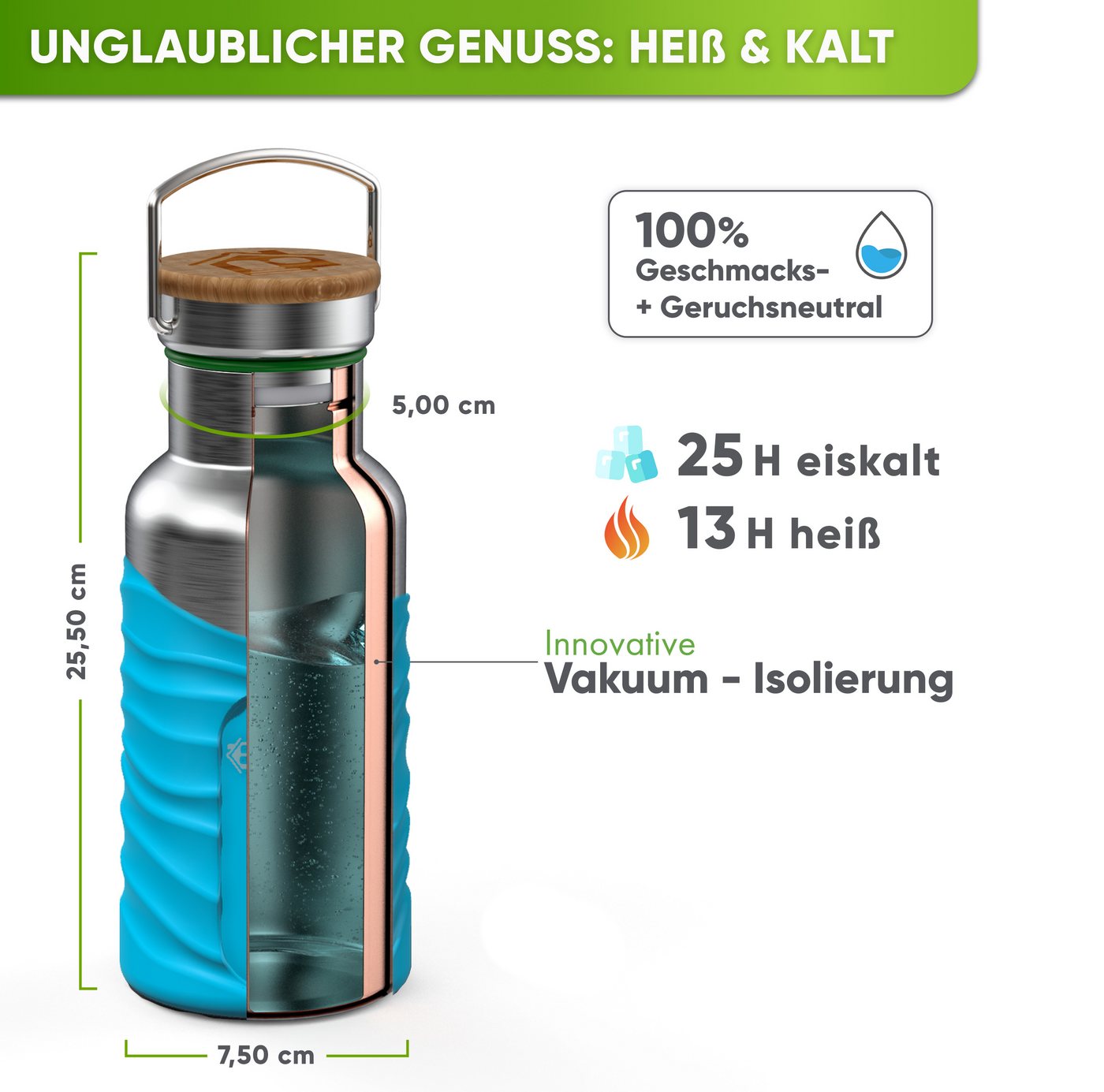 Blockhütte Isolierflasche mit Bambusdeckel - Trinkflasche auslaufsicher - Trinkflasche Edelstahl, 13 Stunden heiß, 25 Stunden kalt
