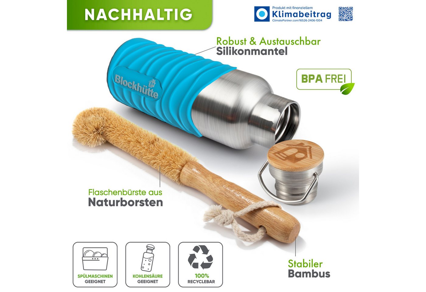 Blockhütte Isolierflasche mit Bambusdeckel - Trinkflasche auslaufsicher - Trinkflasche Edelstahl, 13 Stunden heiß, 25 Stunden kalt Bild 3