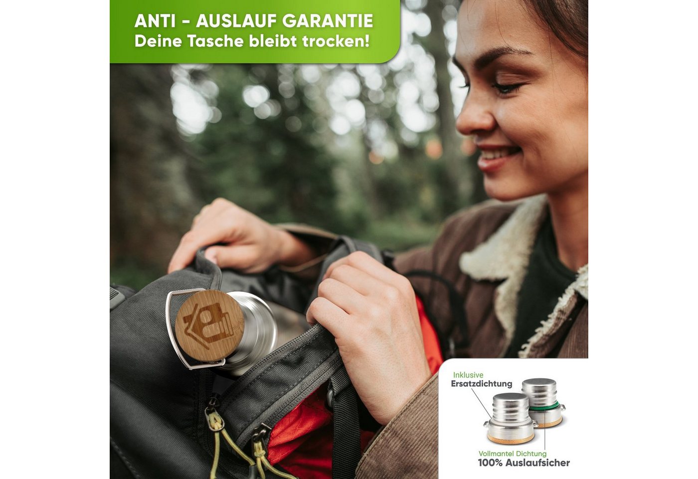 Blockhütte Isolierflasche mit Bambusdeckel - Trinkflasche auslaufsicher - Trinkflasche Edelstahl, 13 Stunden heiß, 25 Stunden kalt Bild 5