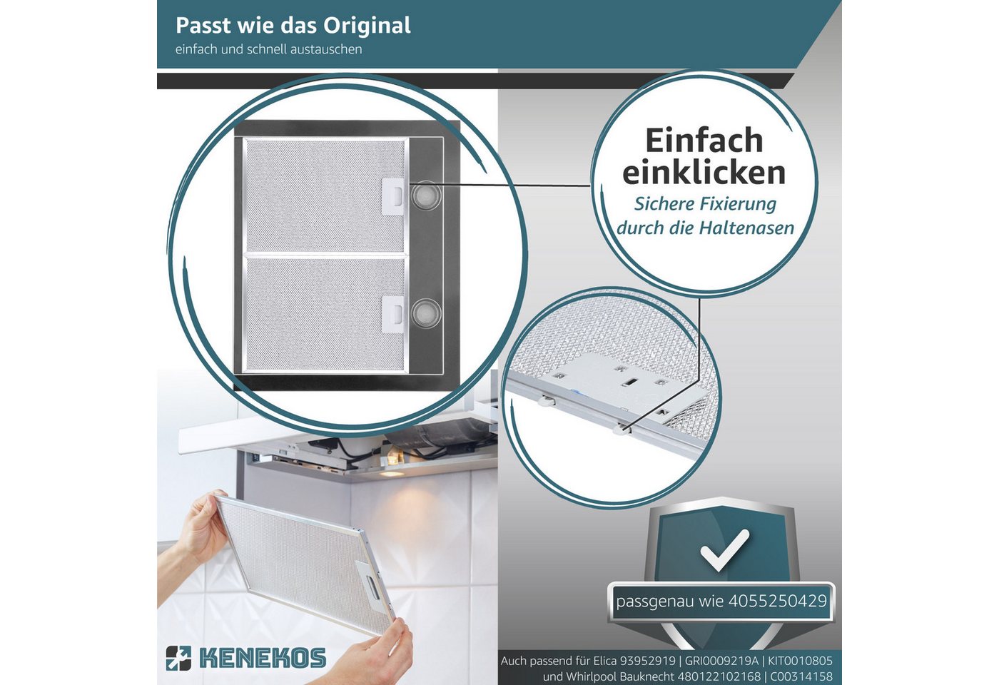 Kenekos Fettfilter Metall 3 Stück Austauschfilter Ersatzfilter, Zubehör für AEG 405525042-9 4055250429, Elica 93952919 GRI0009219A, KIT0010805 Whirlpool C00314158 ARI314158 Bild 2