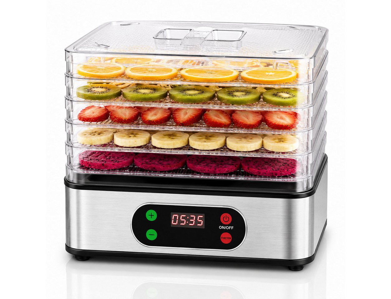 Fyrove Dörrautomat Dörrgerät Edelstahl mit Temperaturregler, 5 Etagen, 35-70°C BPA-frei 350 W, 5 Etagen, 72h-Timer, für Lebensmittel, Pilze, Früchte, Fleisch, Gemüse, BPA frei