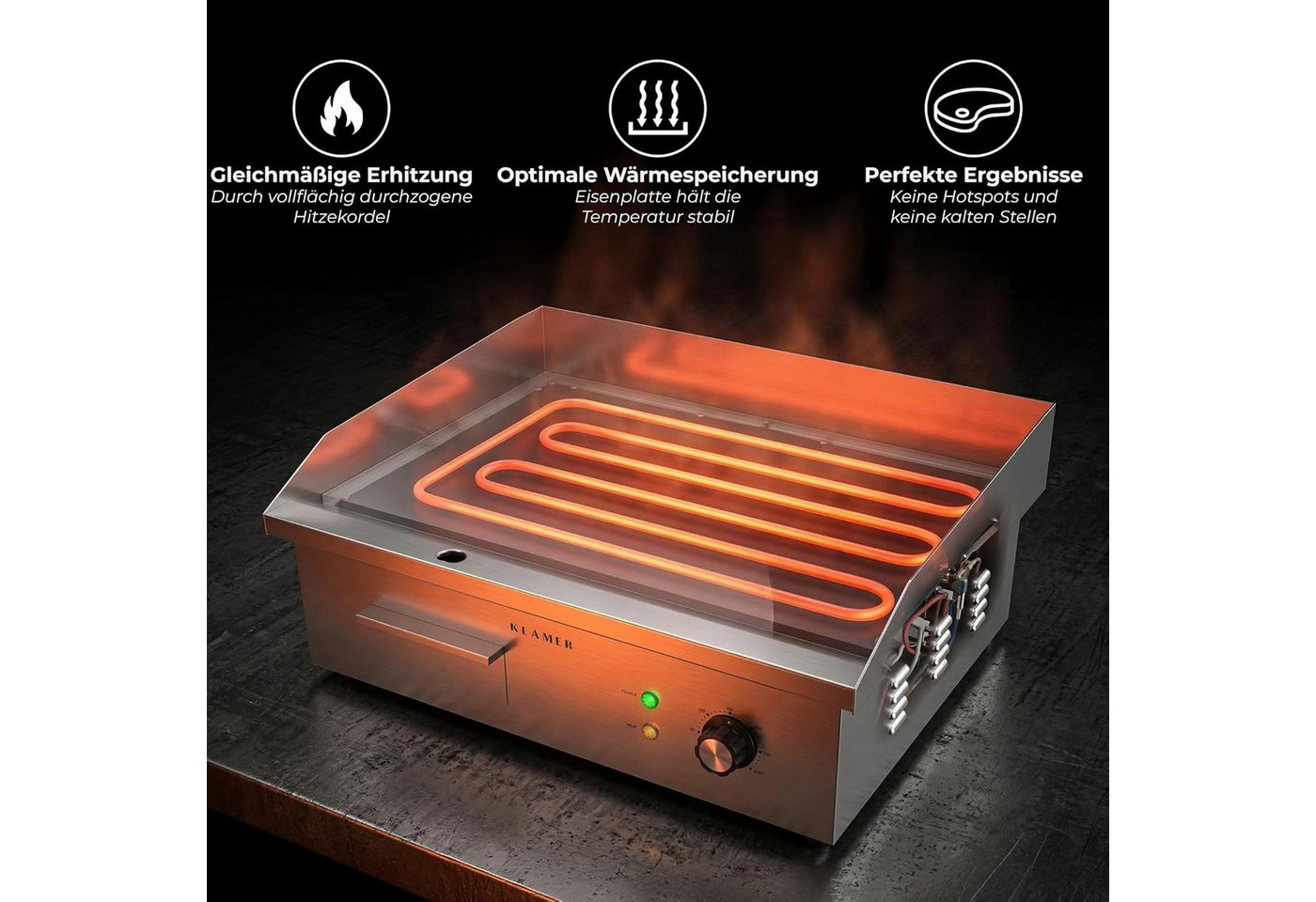 KLAMER Elektrogrill Edelstahl 3000W, XL Grillplatte 54,5x38,5 cm, Tischgrill Elektrisch 5…, 3000 W, Anti-Haft-Oberfläche, Fettbehälter, Stufenlose Temperaturregelung Bild 2