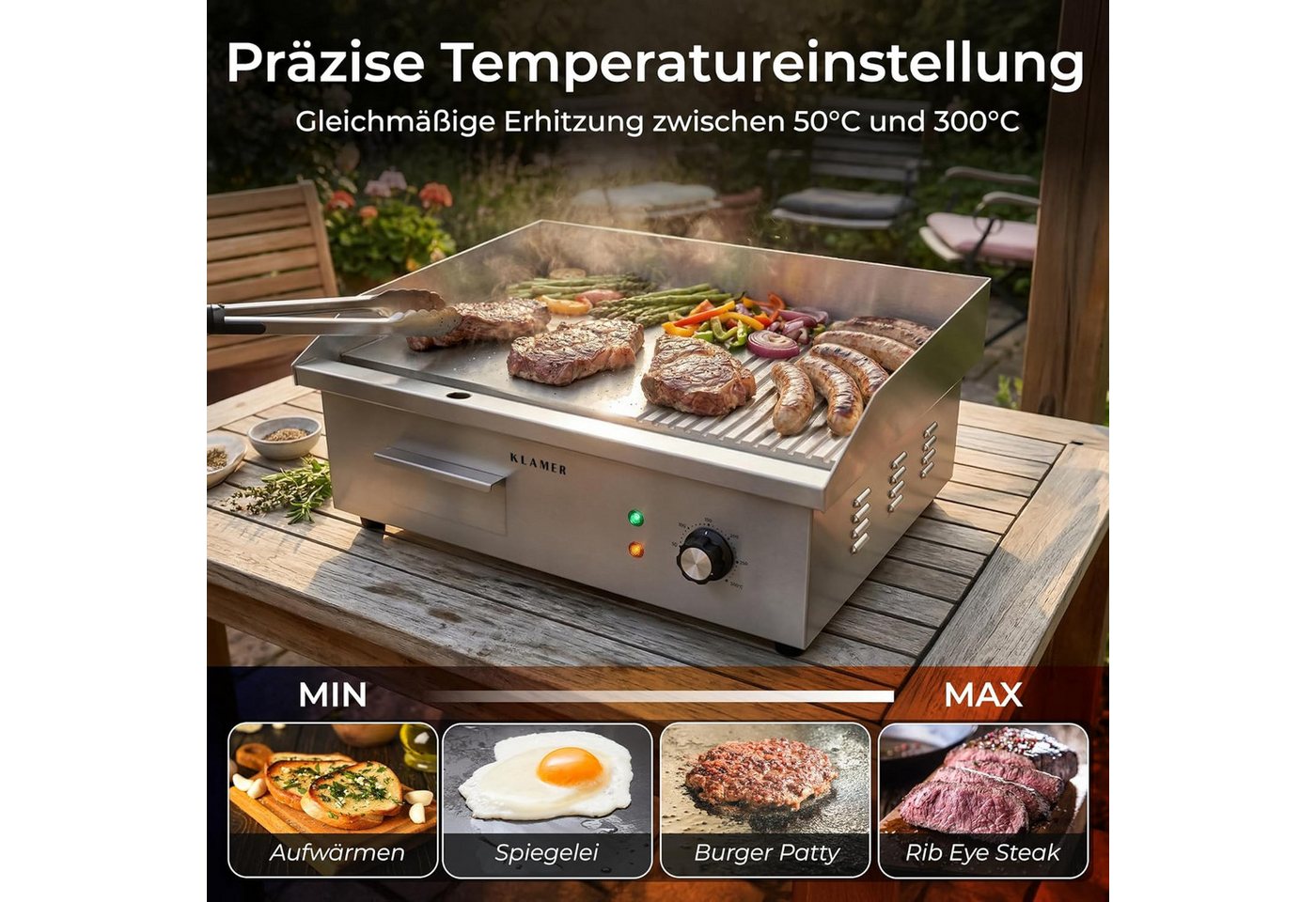KLAMER Elektrogrill Edelstahl 3000W, XL Grillplatte 54,5x38,5 cm, Tischgrill Elektrisch 5…, 3000 W, Anti-Haft-Oberfläche, Fettbehälter, Stufenlose Temperaturregelung Bild 3