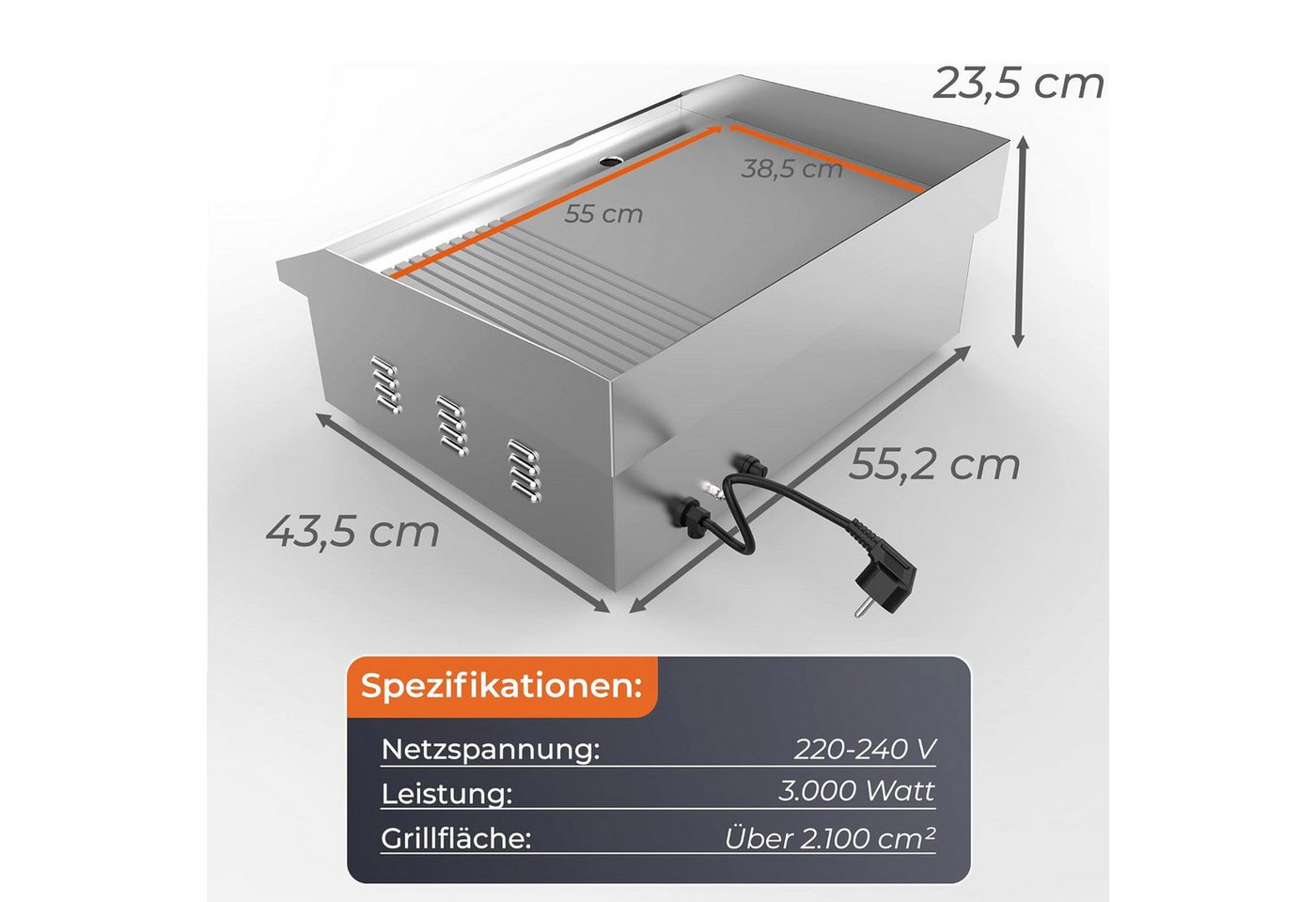 KLAMER Elektrogrill Edelstahl 3000W, XL Grillplatte 54,5x38,5 cm, Tischgrill Elektrisch 5…, 3000 W, Anti-Haft-Oberfläche, Fettbehälter, Stufenlose Temperaturregelung Bild 4