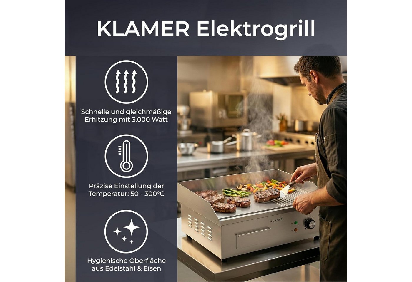 KLAMER Elektrogrill Edelstahl 3000W, XL Grillplatte 54,5x38,5 cm, Tischgrill Elektrisch 5…, 3000 W, Anti-Haft-Oberfläche, Fettbehälter, Stufenlose Temperaturregelung Bild 5