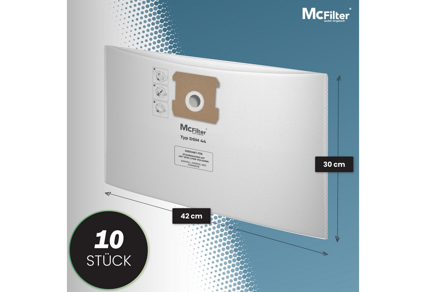 McFilter Staubsaugerbeutel (10 Stück) geeignet für Einhell, passend für ALLE Einhell 10 Liter & 12 Liter Nass-Trockensauger, 10 St., Beutel - Typ DSM 44