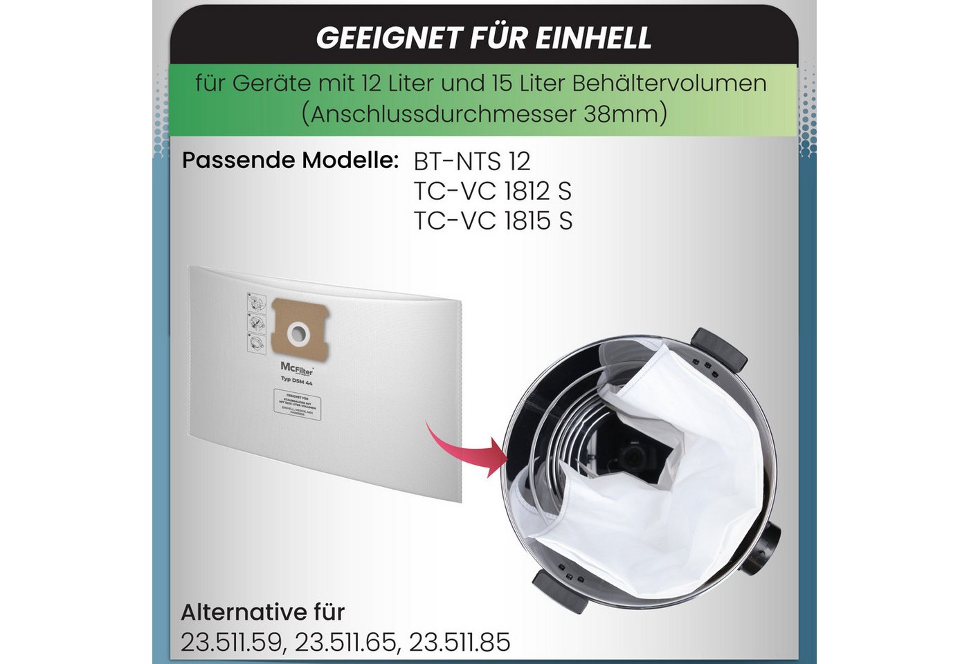 McFilter Staubsaugerbeutel (10 Stück) geeignet für Einhell, passend für ALLE Einhell 10 Liter & 12 Liter Nass-Trockensauger, 10 St., Beutel - Typ DSM 44 Bild 5