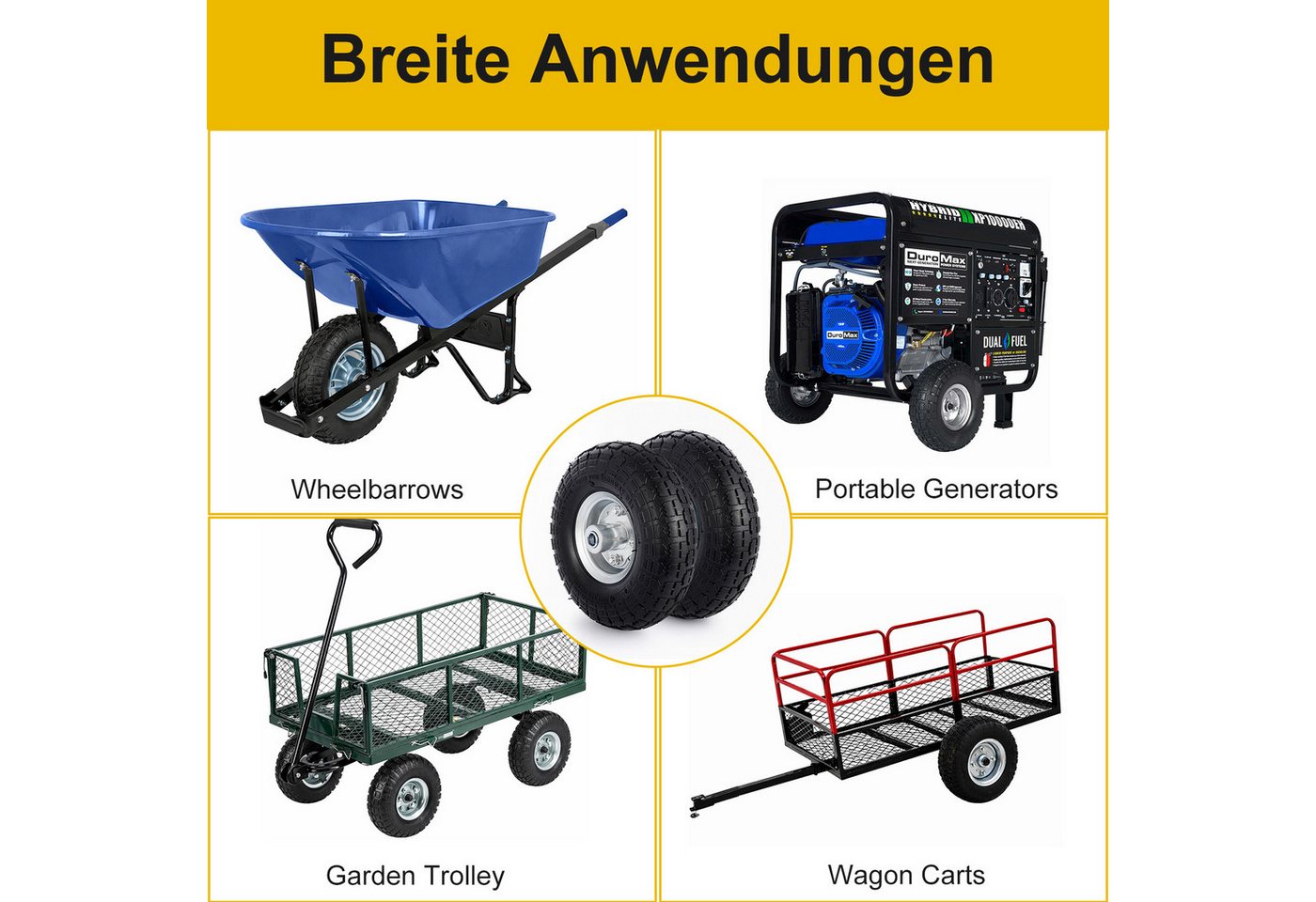 Youyijia Ersatzrad 2 Stück Schubkarrenräder 10" 4.10/3.50-4 Vollgummireifen, pannensicher