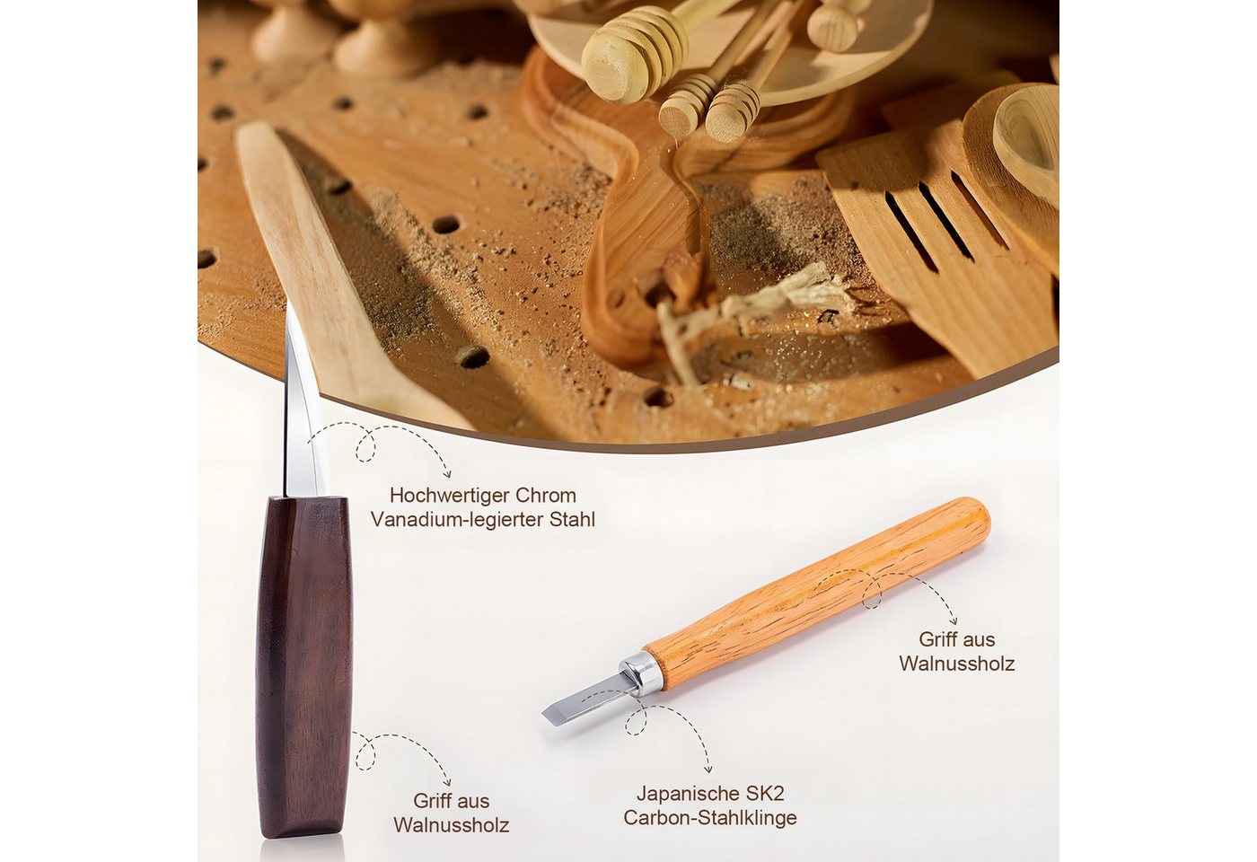 HEYHIPPO Schnitzmesser Holzschnitz-Set 10tlg.-Messer,Hohleisen&Zubehör, für Anfänger & Profis, (set, 10 St., Schnitzwerkzeug, für Figuren, Schalen, Löffel– ideal für DIY-Projekte), Schnitzmesser-Set mit Walnussgriff & Chrom-Vanadium-Klingen,langlebig