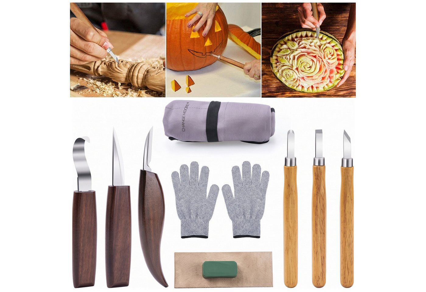 HEYHIPPO Schnitzmesser Holzschnitz-Set 10tlg.-Messer,Hohleisen&Zubehör, für Anfänger & Profis, (set, 10 St., Schnitzwerkzeug, für Figuren, Schalen, Löffel– ideal für DIY-Projekte), Schnitzmesser-Set mit Walnussgriff & Chrom-Vanadium-Klingen,langlebig Bild 2