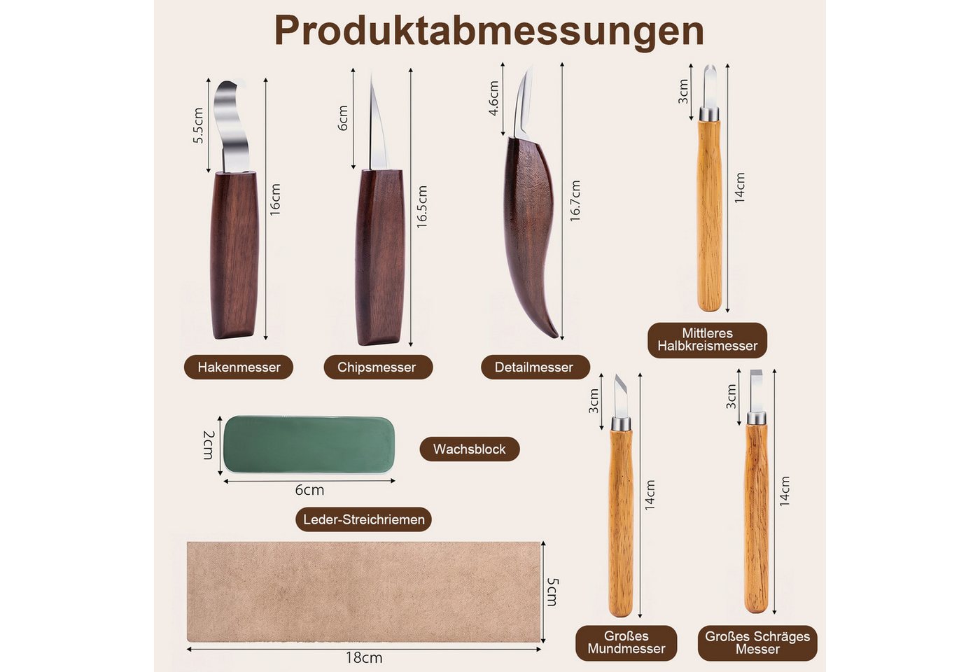 HEYHIPPO Schnitzmesser Holzschnitz-Set 10tlg.-Messer,Hohleisen&Zubehör, für Anfänger & Profis, (set, 10 St., Schnitzwerkzeug, für Figuren, Schalen, Löffel– ideal für DIY-Projekte), Schnitzmesser-Set mit Walnussgriff & Chrom-Vanadium-Klingen,langlebig Bild 3