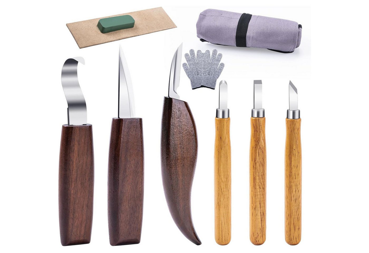 HEYHIPPO Schnitzmesser Holzschnitz-Set 10tlg.-Messer,Hohleisen&Zubehör, für Anfänger & Profis, (set, 10 St., Schnitzwerkzeug, für Figuren, Schalen, Löffel– ideal für DIY-Projekte), Schnitzmesser-Set mit Walnussgriff & Chrom-Vanadium-Klingen,langlebig Bild 4