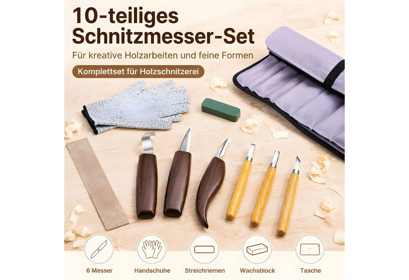 HEYHIPPO Schnitzmesser Holzschnitz-Set 10tlg.-Messer,Hohleisen&Zubehör, für Anfänger & Profis, (set, 10 St., Schnitzwerkzeug, für Figuren, Schalen, Löffel– ideal für DIY-Projekte), Schnitzmesser-Set mit Walnussgriff & Chrom-Vanadium-Klingen,langlebig Bild 5