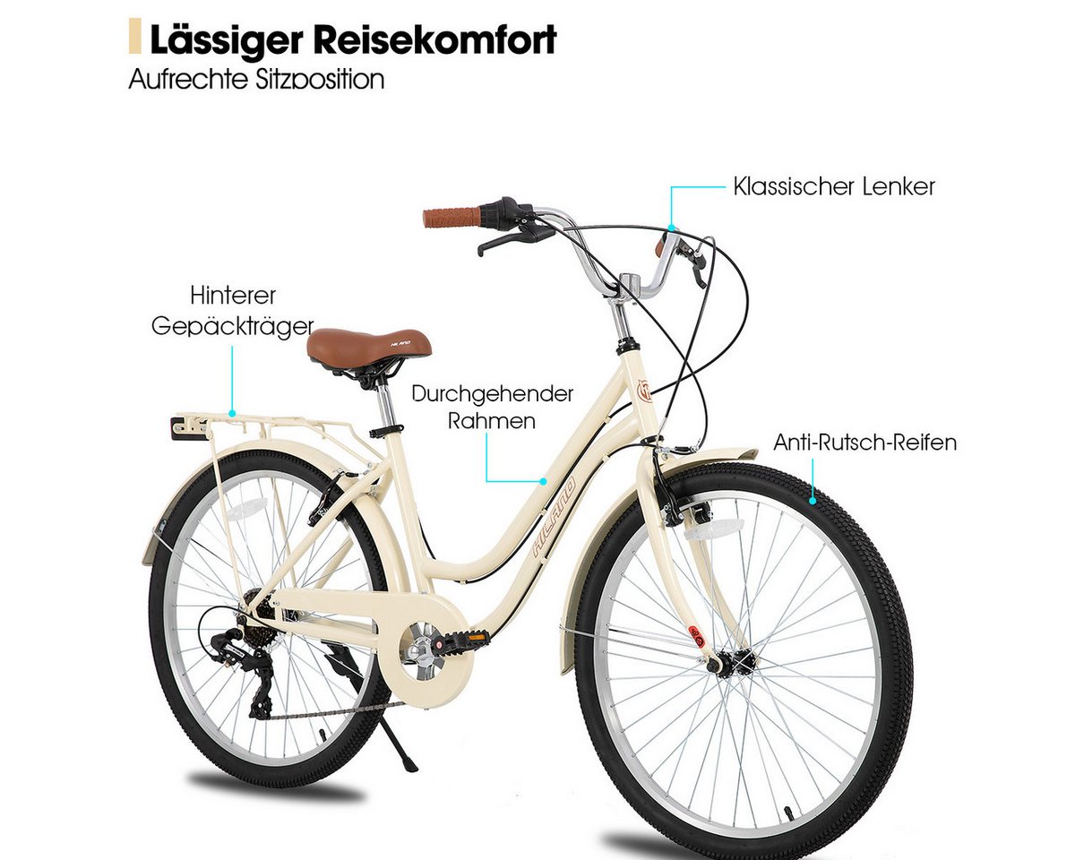 HILAND Cityrad Unisex Citybike 26", 7-Gang, V-Bremse, passend für 165–182cm, Step-Through Rahmen mit Gepäckträger, 7 Gang