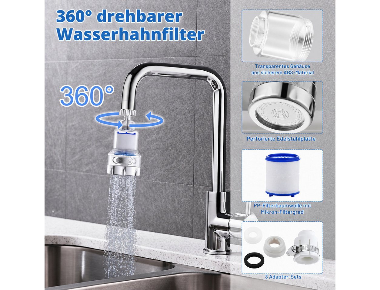 Diwzbyn Wasserhahnfilter Wasserhahnfilter 3er Set, 360° Drehbarer Filter für Küche & Bad, 3 Wasserstrahlarten, Praktischer Filter für Küche, Bad & Haushalt