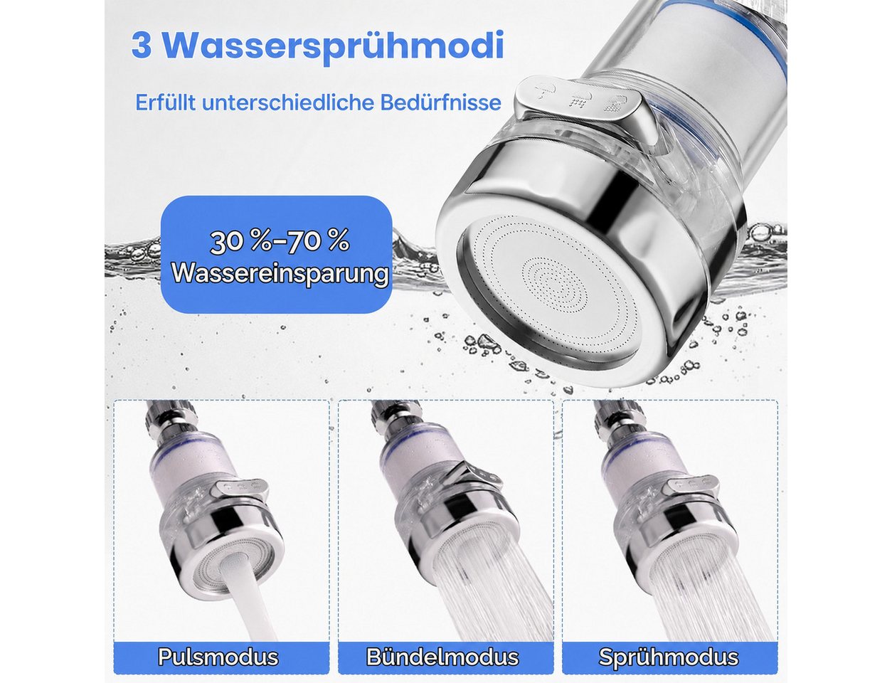 Diwzbyn Wasserhahnfilter Wasserhahnfilter 3er Set, 360° Drehbarer Filter für Küche & Bad, 3 Wasserstrahlarten, Praktischer Filter für Küche, Bad & Haushalt Bild 3