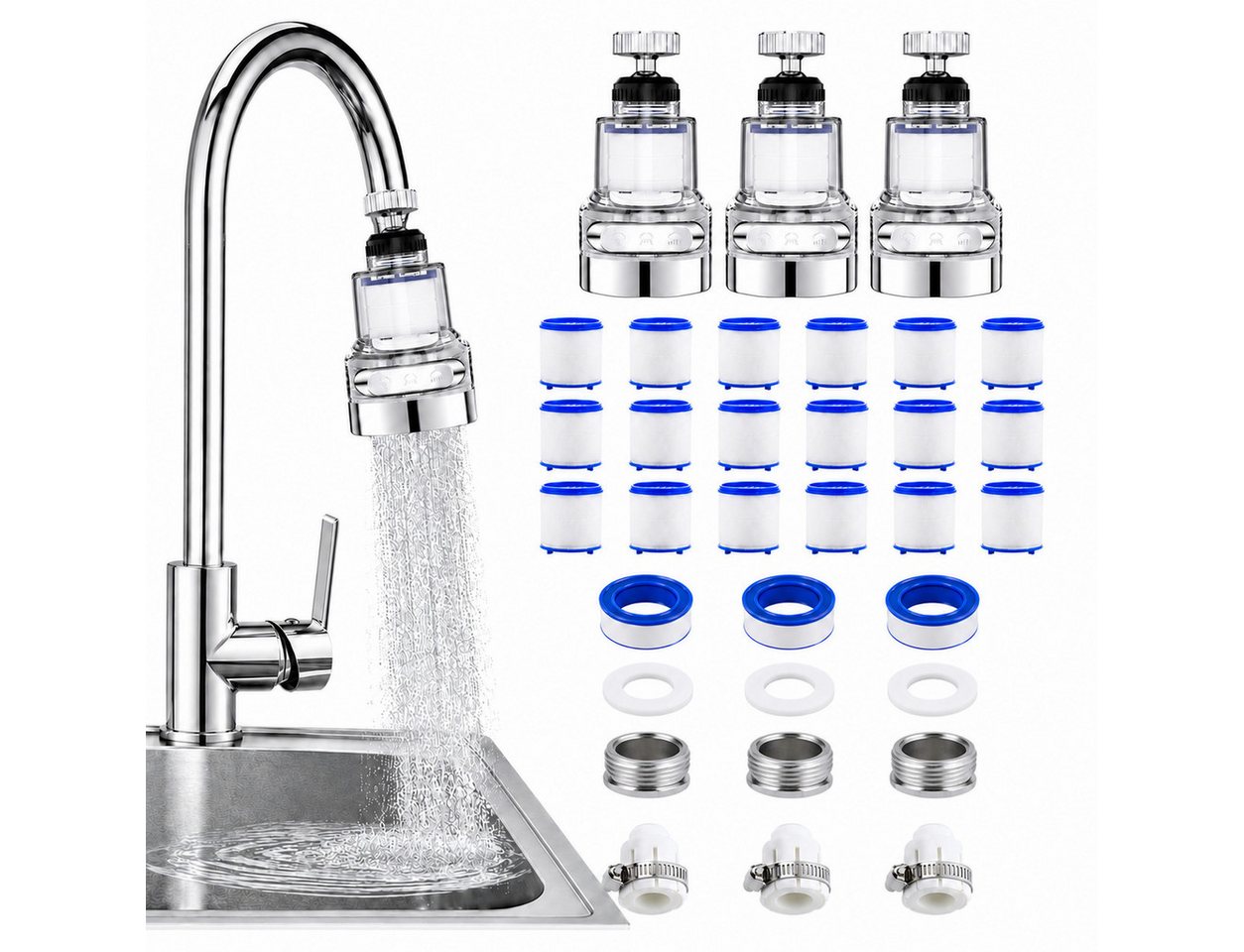 Diwzbyn Wasserhahnfilter Wasserhahnfilter 3er Set, 360° Drehbarer Filter für Küche & Bad, 3 Wasserstrahlarten, Praktischer Filter für Küche, Bad & Haushalt Bild 5