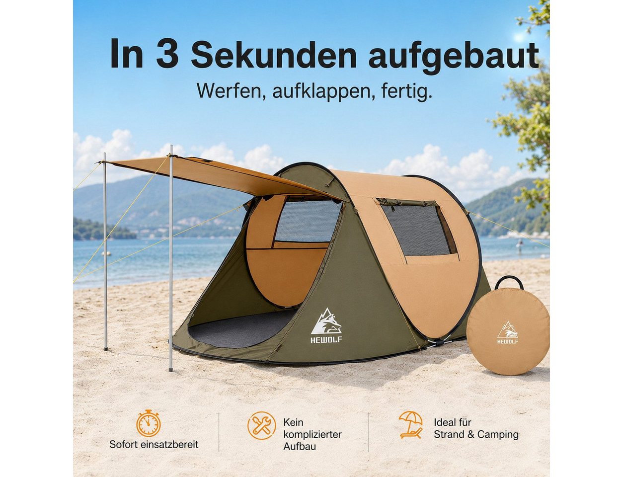 Diyarts Wurfzelt Pop-Up Zelt, Personen: 3 (Zelt-Set mit Zubehör), Schnellaufbau, Pop-Up-Funktion, UV-Schutz, Mesh-Belüftung, faltbar Bild 2
