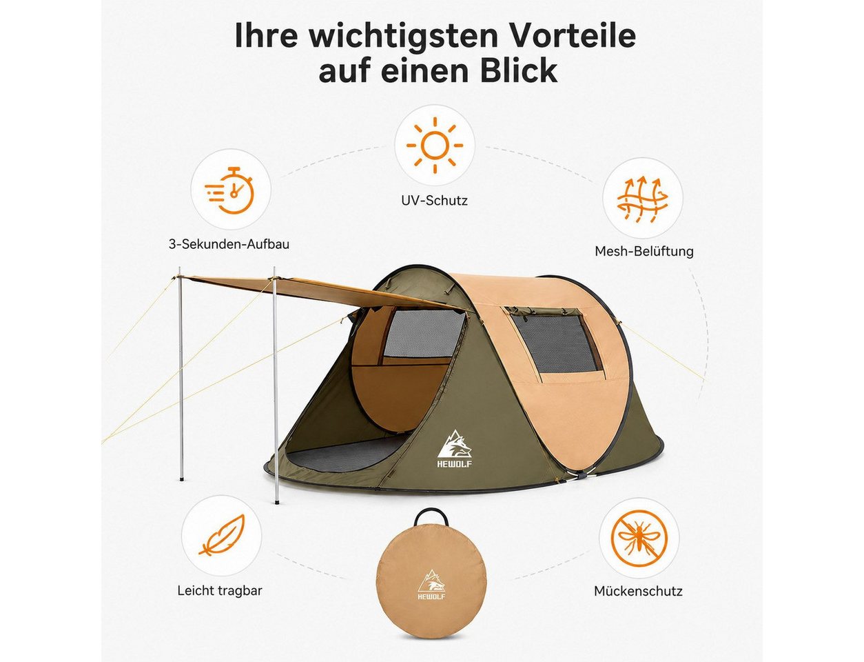 Diyarts Wurfzelt Pop-Up Zelt, Personen: 3 (Zelt-Set mit Zubehör), Schnellaufbau, Pop-Up-Funktion, UV-Schutz, Mesh-Belüftung, faltbar Bild 4