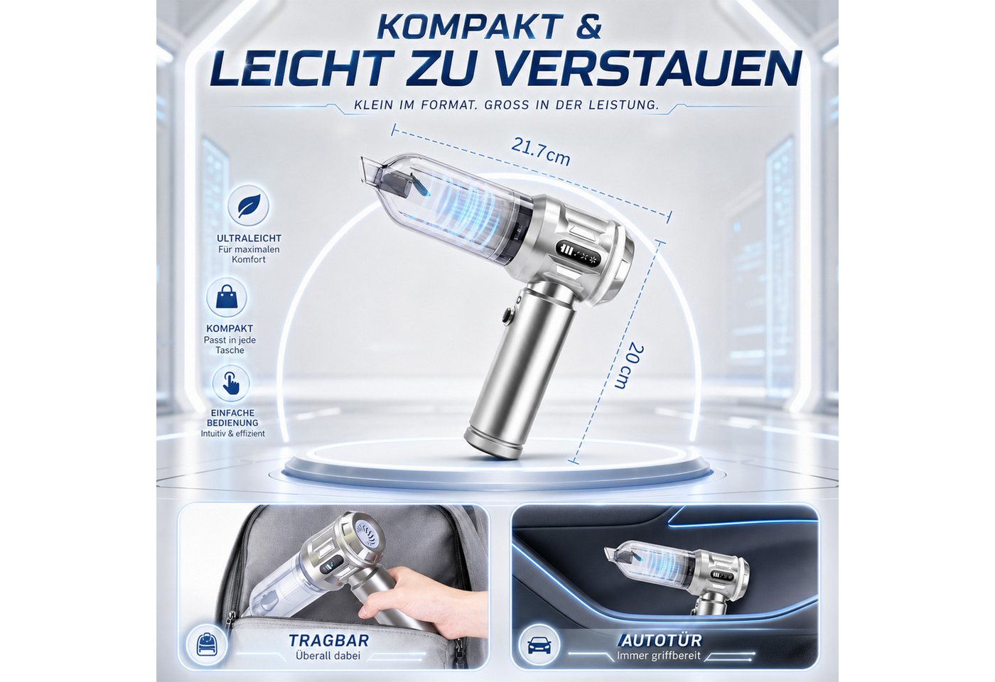 Ledklang Akku-Handstaubsauger kabellos 25000Pa beutellos bürstenloser Motor 4-in-1 Mini-Staubsauger, 120 W, 3 Stufen HEPA-Filter,tragbar leicht Auto,Camping,Sofa,Tierhaare Bild 3