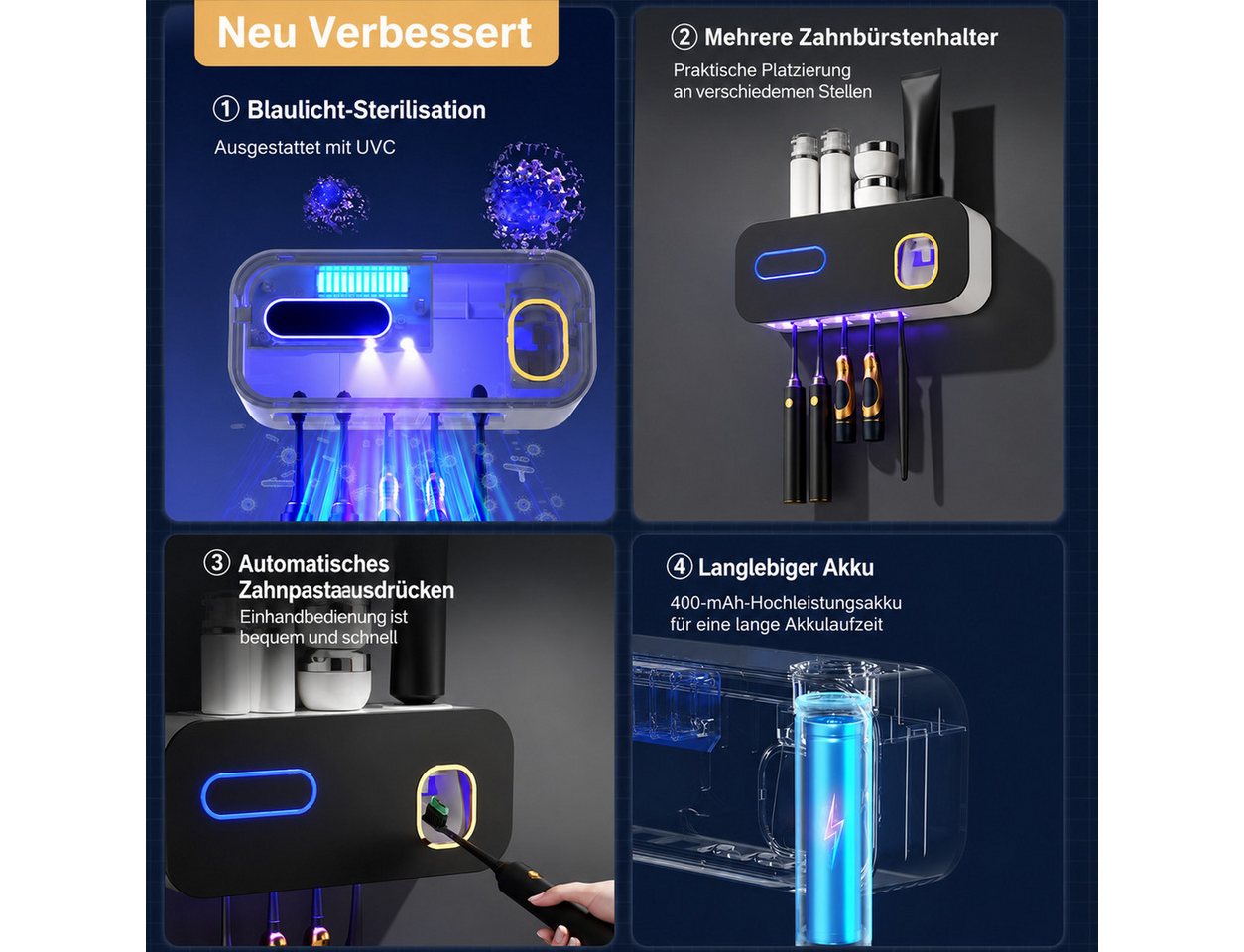 ibettertec UV-Zahnbürstenhalter UV-Zahnbürste Sanitizer, Zahnbürste Sanitizer Halter, wiederaufladbare, Sterilisation & Timing-Funktionen, Kabellose Wand Montiert Zahnbürste Sterilisator für Bäder mit 5 Slots