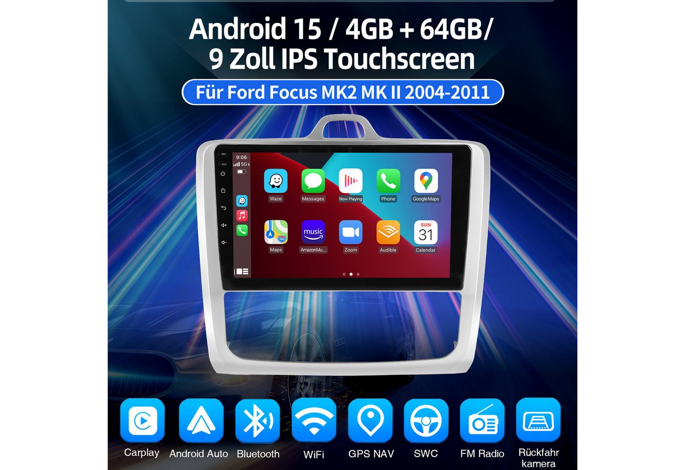 ESSGOO Für Ford Focus MK2 MK II 2004-11 Android 15 Autoradio Carplay Navi GPS Autoradio (RDS, 4+128GB(optional), 4+64GB(optional), FM, GPS, 1280*720, DAB+ (optional), SWC, Apple Carplay & Android Auto,Bluetooth,ASP)