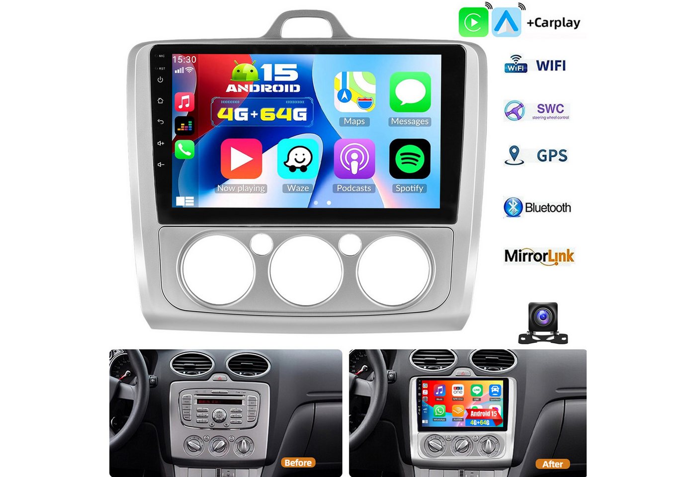 ESSGOO Für Ford Focus MK2 MK II 2004-11 Android 15 Autoradio Carplay Navi GPS Autoradio (RDS, 4+128GB(optional), 4+64GB(optional), FM, GPS, 1280*720, DAB+ (optional), SWC, Apple Carplay & Android Auto,Bluetooth,ASP) Bild 5