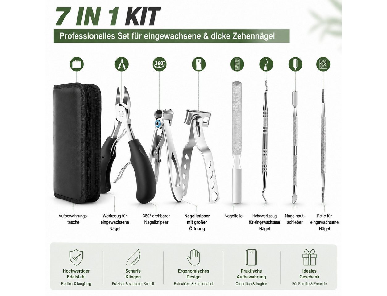 Toomoke Maniküre-Pediküre-Set 7 in 1 mit Zehennagelknipser, 360°drehbarer Nagelknipser aus Edelstahl, Nagelpflege Set für dicke Nägel mit Aufbewahrungstasche Bild 4