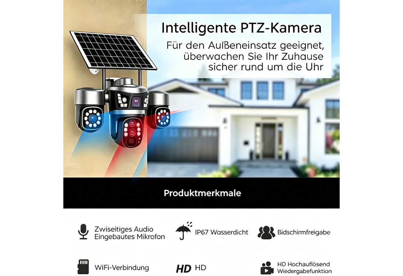 ANTCOOL Überwachungskamera Überwachungskamera WiFi & 4G Solar 3-Objektiv 6MP Außen IP67