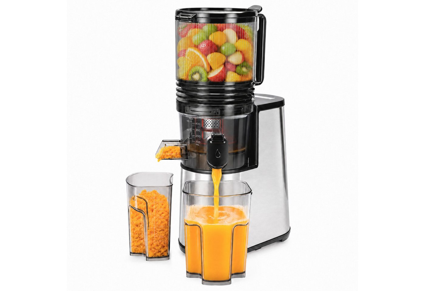 Sinaopus Slow Juicer Große 145-mm-Einfüllöffnung für ganze Früchte und Gemüse, 250 W, Feinfilterung, getrennte Auslässe und komfortabler Rückwärtslauf