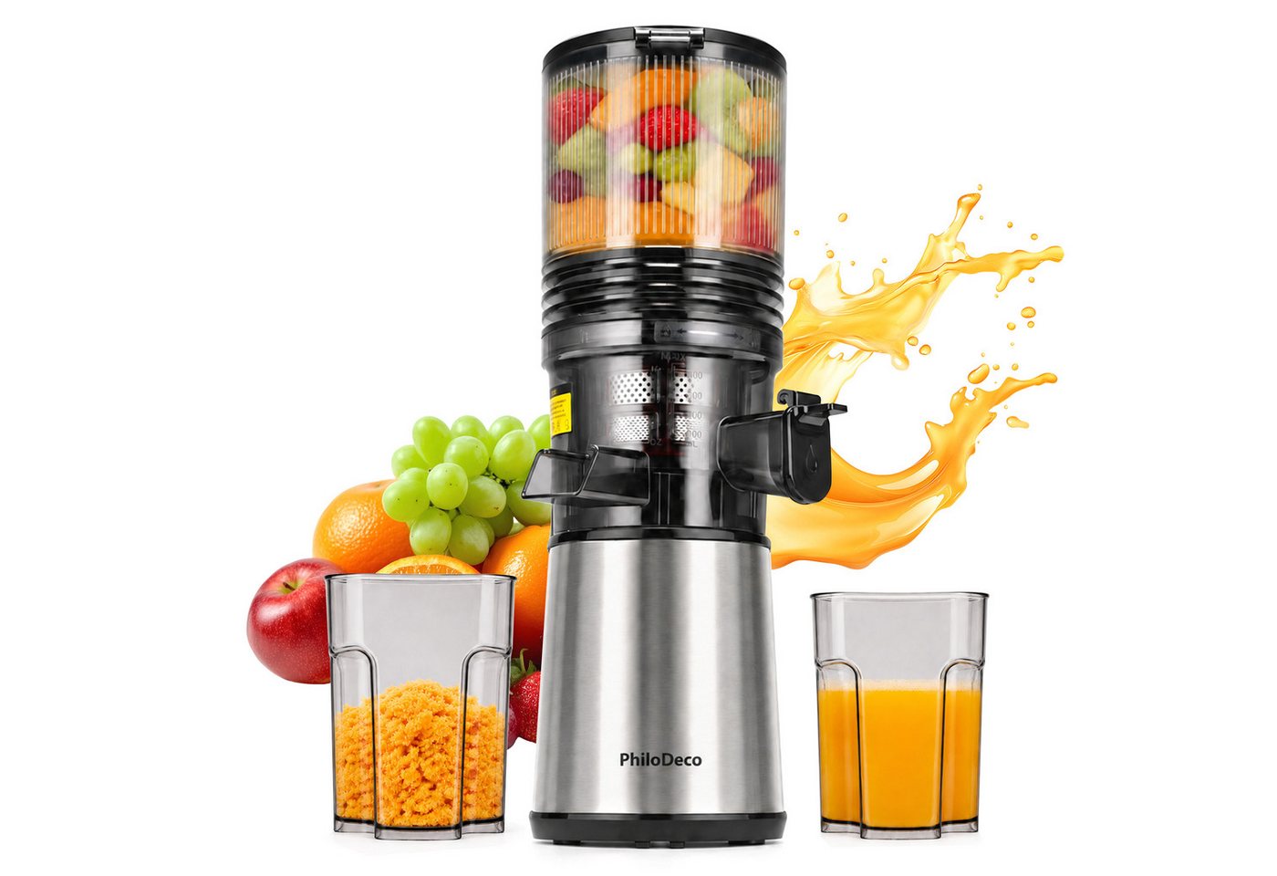 Sinaopus Slow Juicer Große 145-mm-Einfüllöffnung für ganze Früchte und Gemüse, 250 W, Feinfilterung, getrennte Auslässe und komfortabler Rückwärtslauf Bild 3