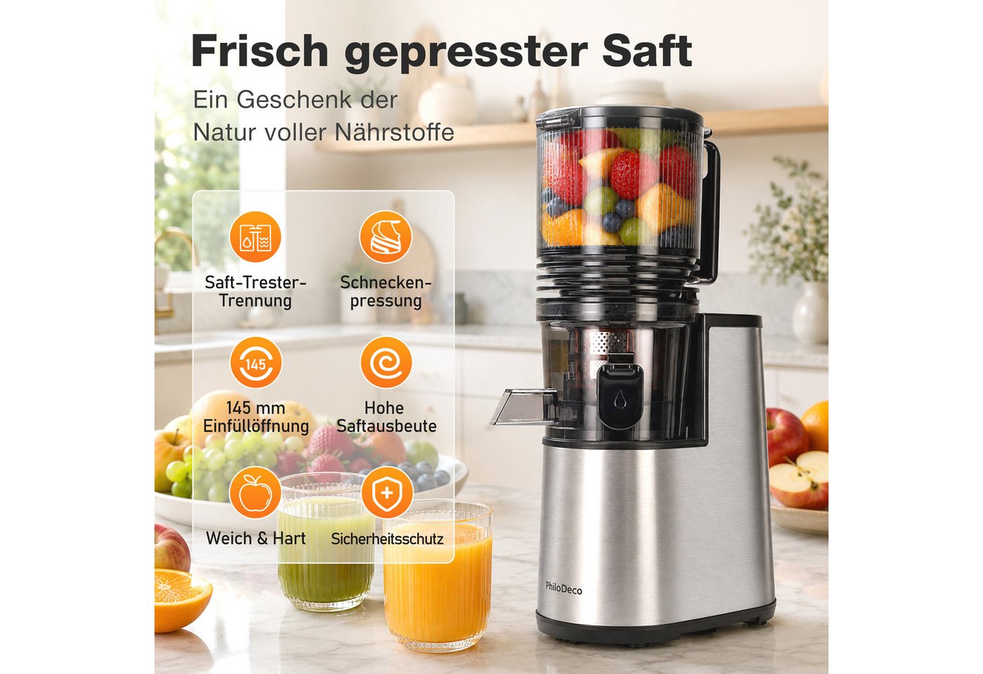Sinaopus Slow Juicer Große 145-mm-Einfüllöffnung für ganze Früchte und Gemüse, 250 W, Feinfilterung, getrennte Auslässe und komfortabler Rückwärtslauf Bild 4