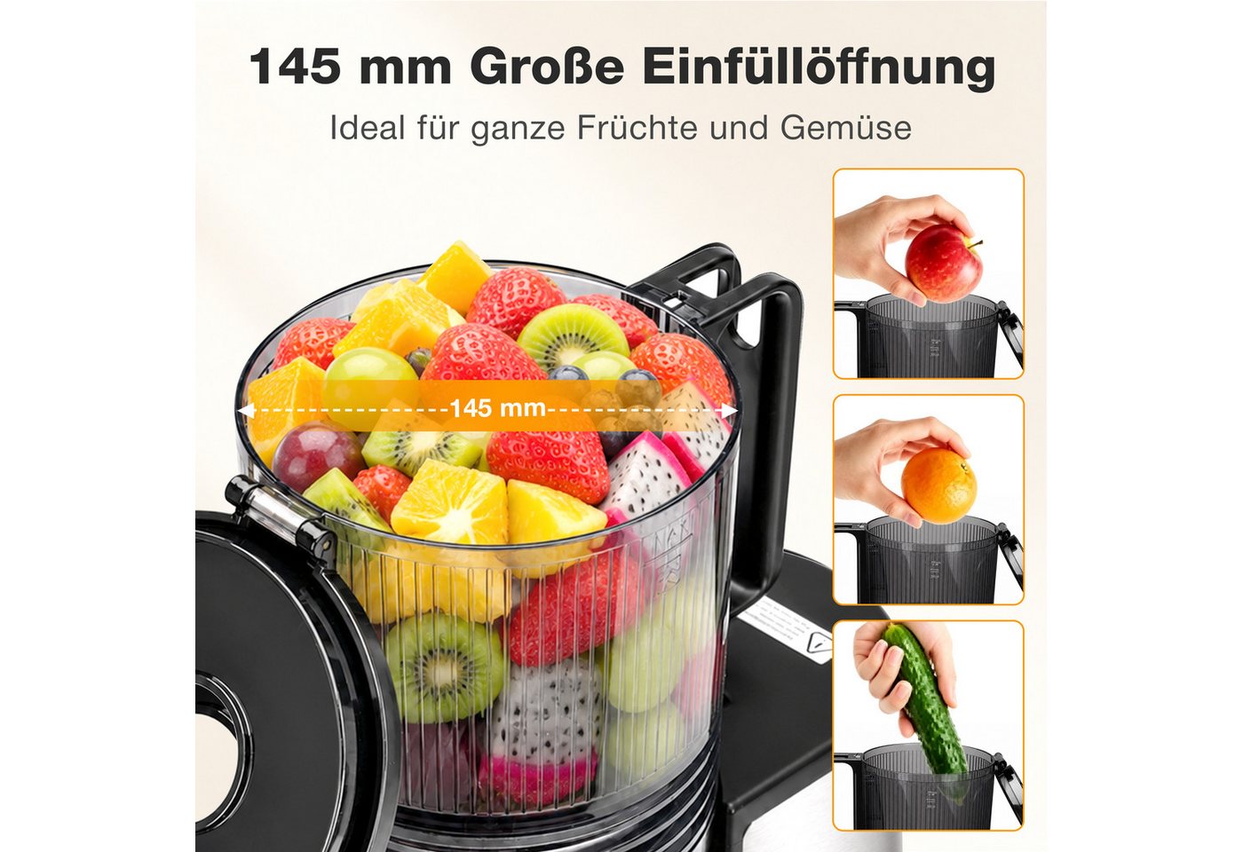 Sinaopus Slow Juicer Große 145-mm-Einfüllöffnung für ganze Früchte und Gemüse, 250 W, Feinfilterung, getrennte Auslässe und komfortabler Rückwärtslauf Bild 5