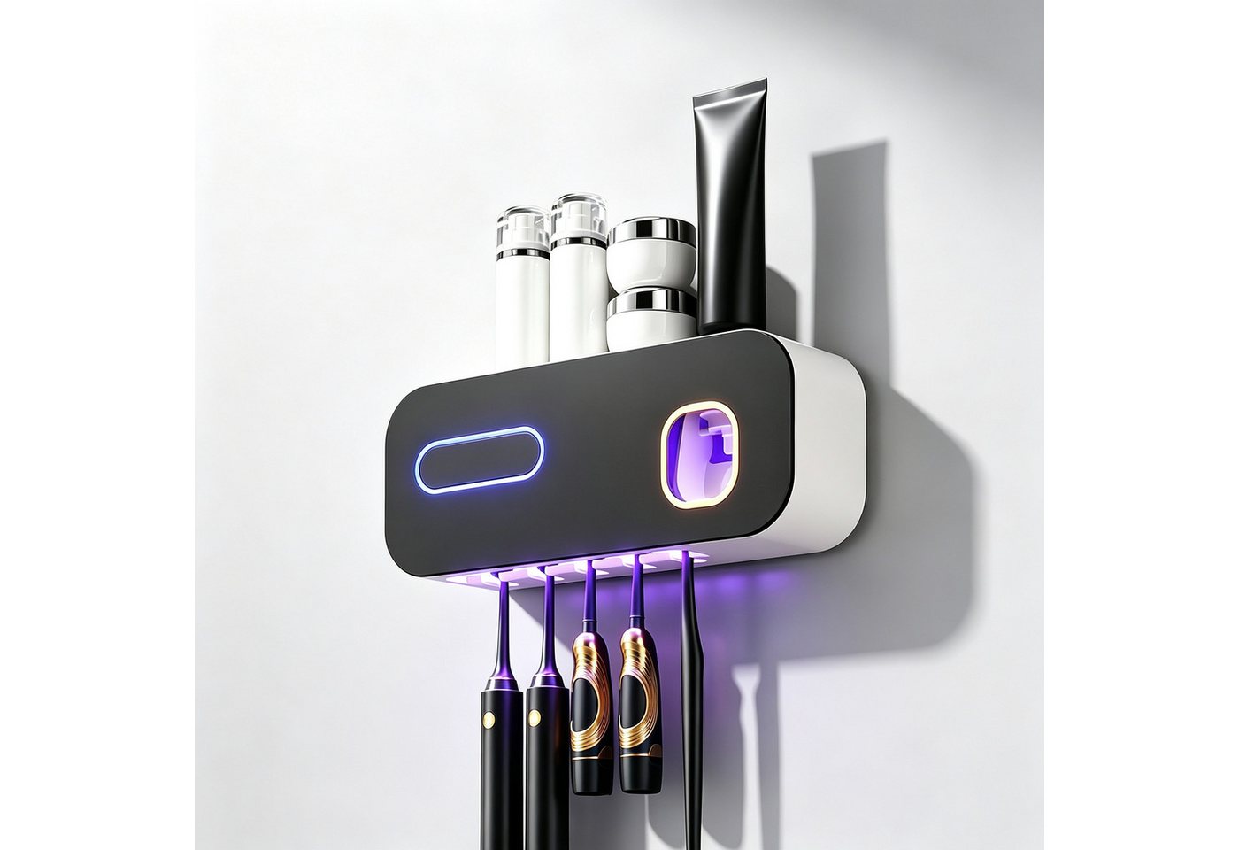 Toomoke UV-Zahnbürstenhalter UV Sterilisator Zahnbürstenhalter, wiederaufladbar und ohne Bohren, Sterilisation & Timing-Funktionen, Kabellose Wand Montiert Zahnbürste Sterilisator für Bäder mit 5 Slots