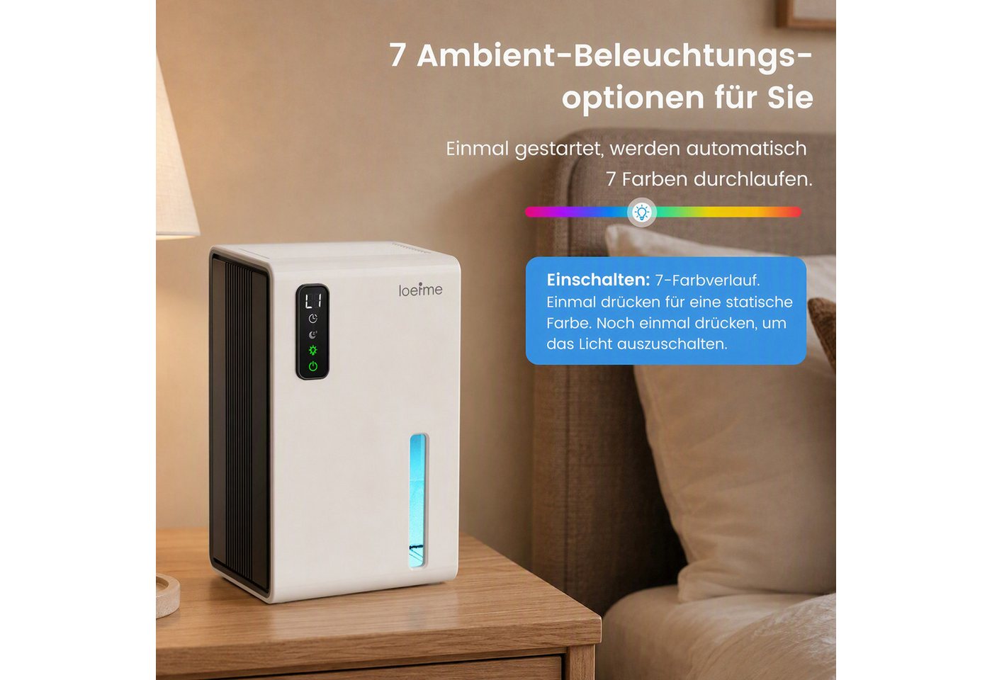 loefme Luftentfeuchter Elektrischer Luftentfeuchter für Schlafzimmer Bad Küche Keller, Entfeuchtung 0,55 l/Tag, Tank 2,1 l, Touchscreen, Schlafmodus, Timer, RGB-Licht, automatische Abschaltung Bild 3
