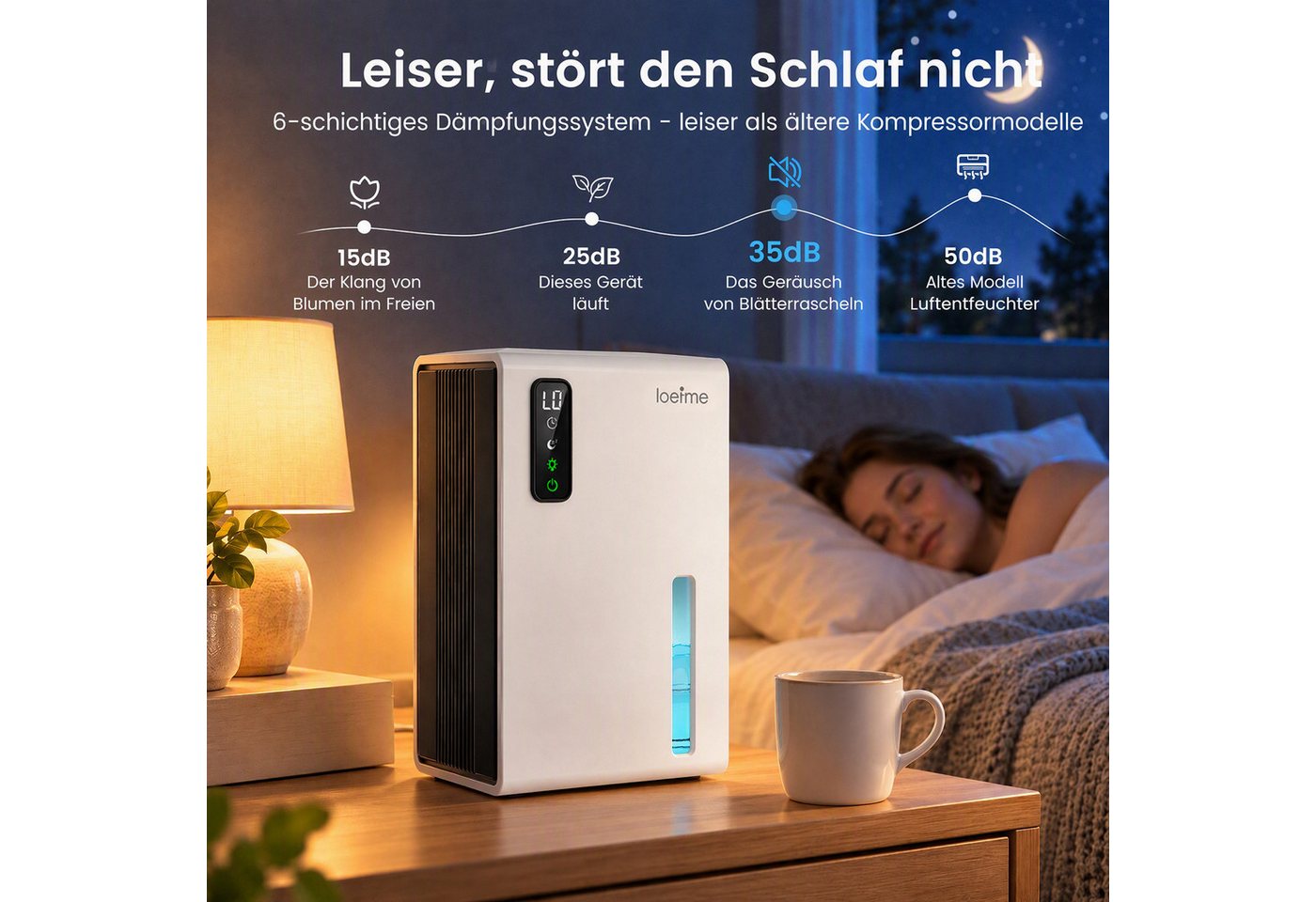 loefme Luftentfeuchter Elektrischer Luftentfeuchter für Schlafzimmer Bad Küche Keller, Entfeuchtung 0,55 l/Tag, Tank 2,1 l, Touchscreen, Schlafmodus, Timer, RGB-Licht, automatische Abschaltung Bild 5