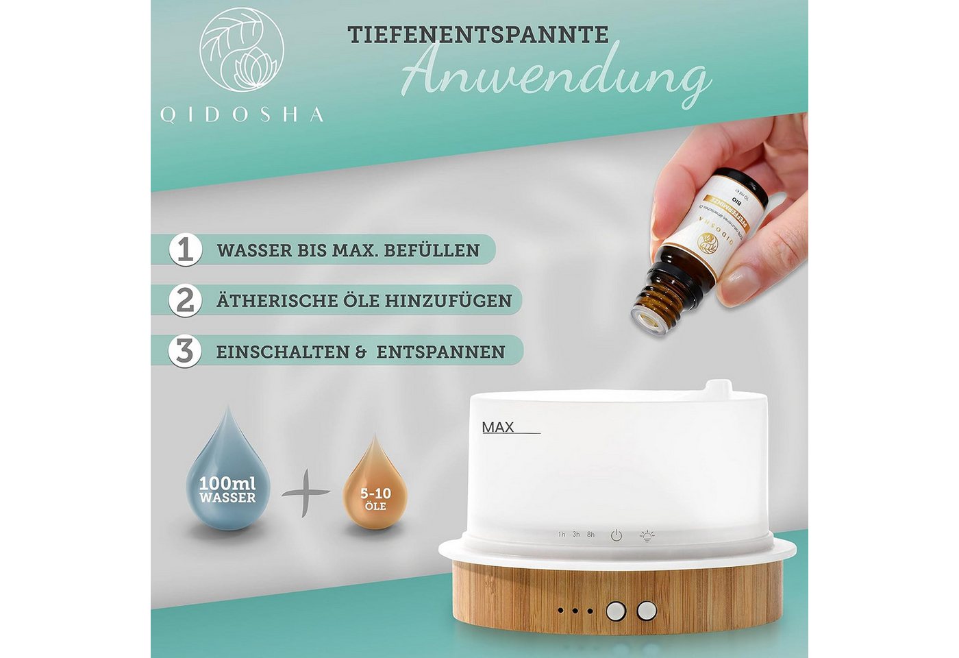 QIDOSHA Diffuser Tadasana Aroma Diffusor, 0,28 l Wassertank, Echtholz & Keramik-Haube