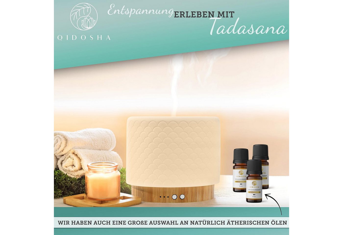 QIDOSHA Diffuser Tadasana Aroma Diffusor, 0,28 l Wassertank, Echtholz & Keramik-Haube Bild 2